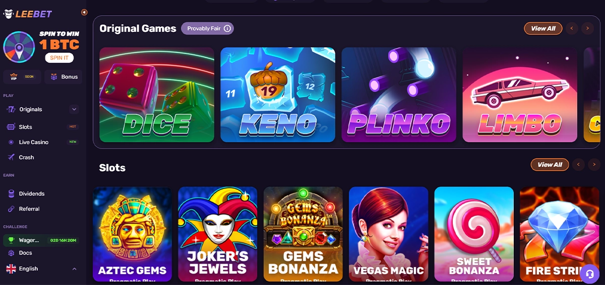 Главный экран LeeBet Casino — каталог игр